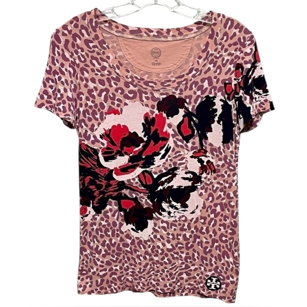 Tory Burch Classic leopard floral printed scoop neck eclectic Cotton tee shirt